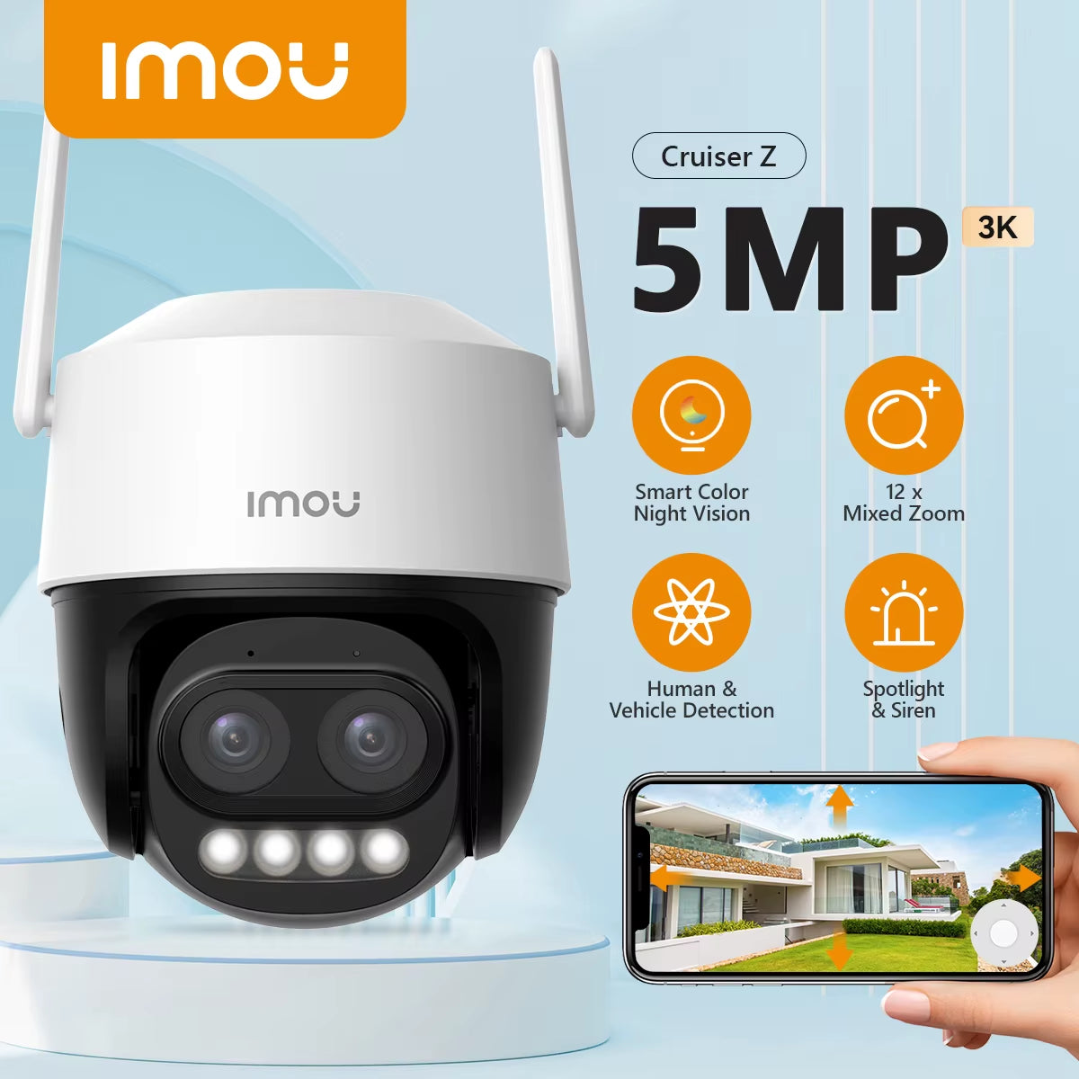 IMOU Cruiser Z 5MP Wifi Camera 12X Mixed Zoom AI Tracking Human Vehicle Detection IP66 Full-Color Remote PT Outdoor Security